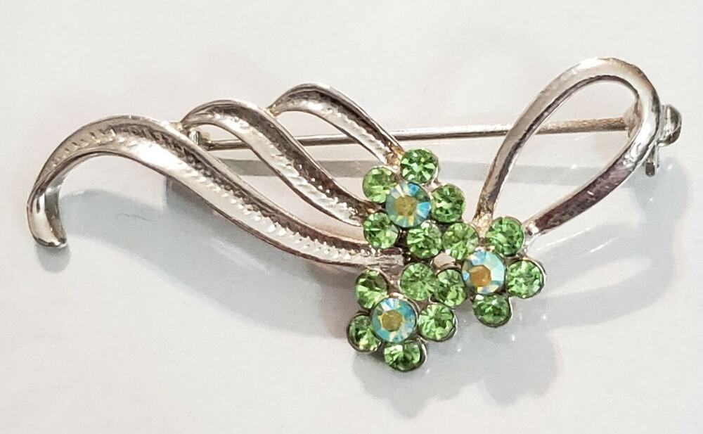 Vintage Green Blue AB Rhinestone Flower Brooch Pin 2" Floral Sparkly sf-19